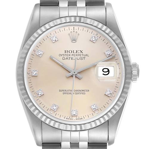 The Rolex Datejust 16234 Men's Stainless Steel Silver Dial 16234 Men's Stainless Steel Silver Dial watch is shown from the front, highlighting the dial, bezel, crown, and part of the bracelet.
