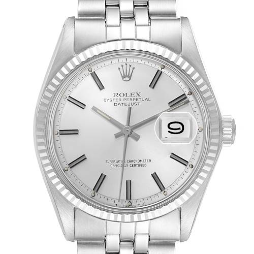 The Rolex Datejust 1601 Men's Stainless Steel White Dial 1601 Men's Stainless Steel White Dial watch is shown from a front angle, highlighting the dial, hands, date window, and part of the bracelet.