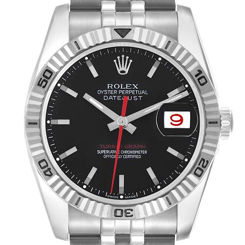 The Rolex Turn-o-Graph 116264 Men's Stainless Steel Black Dial 116264 Men's Stainless Steel Black Dial watch is shown from the front, displaying the bezel, dial, hands, and date window.