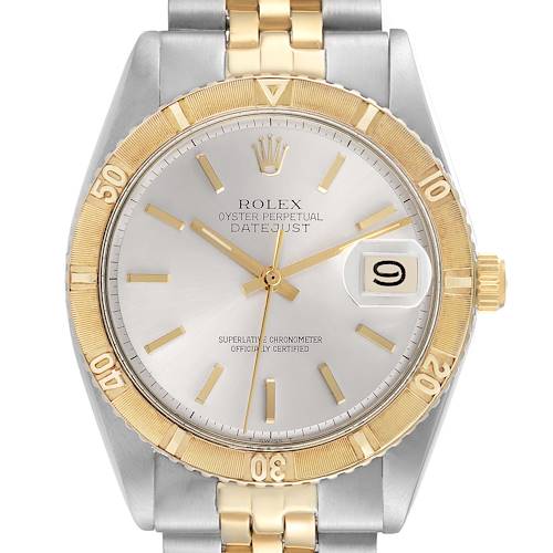 The image shows a front view of the Rolex Turn-o-Graph 1625 Men's Steel and Gold (two tone) Silver Dial 1625 Men's Steel and Gold (two tone) Silver Dial watch, highlighting the bezel, dial, and bracelet.