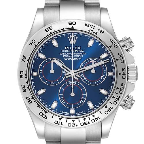 The Rolex Daytona 116509 Men's White Gold Blue Dial 116509 Men's White Gold Blue Dial watch is shown from the front, displaying the face, bezel, three sub-dials, and the crown.