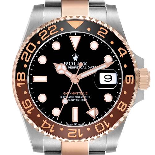 The Rolex GMT-Master 126711CHNR Men's Steel and Gold (two tone) Black Dial 126711CHNR Men's Steel and Gold (two tone) Black Dial II watch is shown from the front, displaying the bezel, dial, hands, and date window.