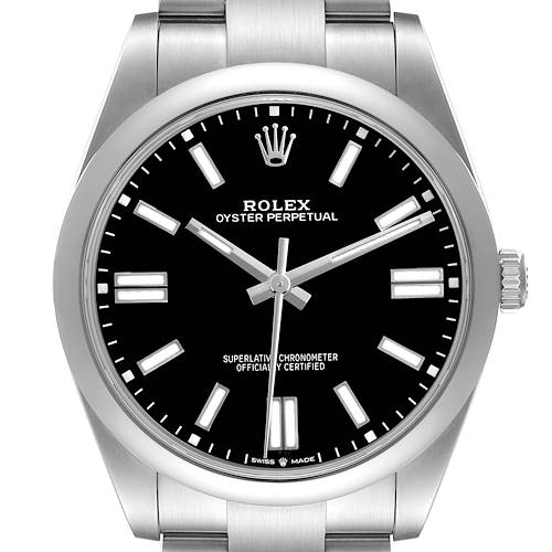 The Rolex Oyster Perpetual 124300 Men's Stainless Steel Black Dial 124300 Men's Stainless Steel Black Dial watch is shown from a front angle, displaying its black dial, crown, and stainless steel bracelet.