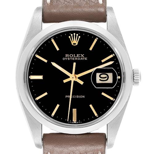 The Rolex Vintage Collection 6694 Men's Stainless Steel Black Dial 6694 Men's Stainless Steel Black Dial watch is shown from a top-down angle, featuring its black dial, date window, and leather strap.