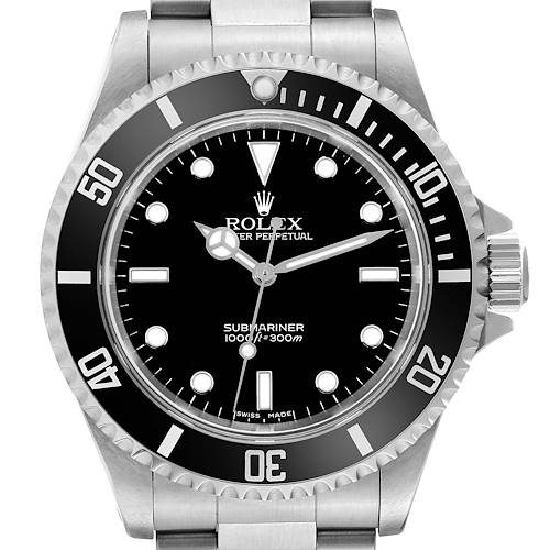 This image shows a Rolex Submariner 14060 Men's Stainless Steel Black Dial 14060 Men's Stainless Steel Black Dial watch face from a front angle, highlighting its dial, hands, bezel, and part of the bracelet.