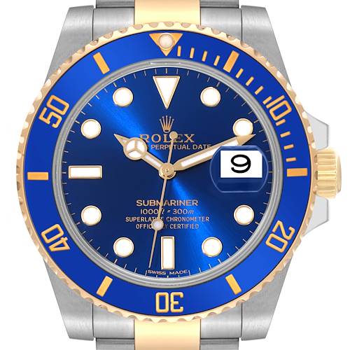 The image shows a front view of the Rolex Submariner 116613LB Men's Steel and Gold (two tone) Blue Dial 116613LB Men's Steel and Gold (two tone) Blue Dial watch, highlighting its blue dial, gold and silver accents, and date display.