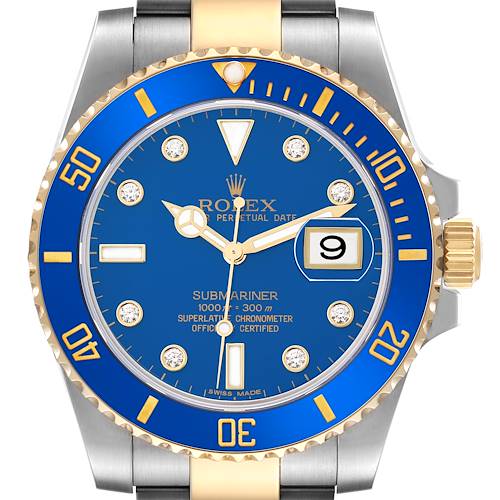 The Rolex Submariner 116613LB Men's Steel and Gold (two tone) Blue Dial 116613LB Men's Steel and Gold (two tone) Blue Dial watch is shown from the front, highlighting the blue dial, bezel, and two-tone bracelet.