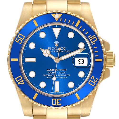 The Rolex Submariner 116618LB Men's Yellow Gold Blue Dial 116618LB Men's Yellow Gold Blue Dial watch is shown from the front, displaying its blue dial, gold case, blue bezel, and date window at 3 o'clock.