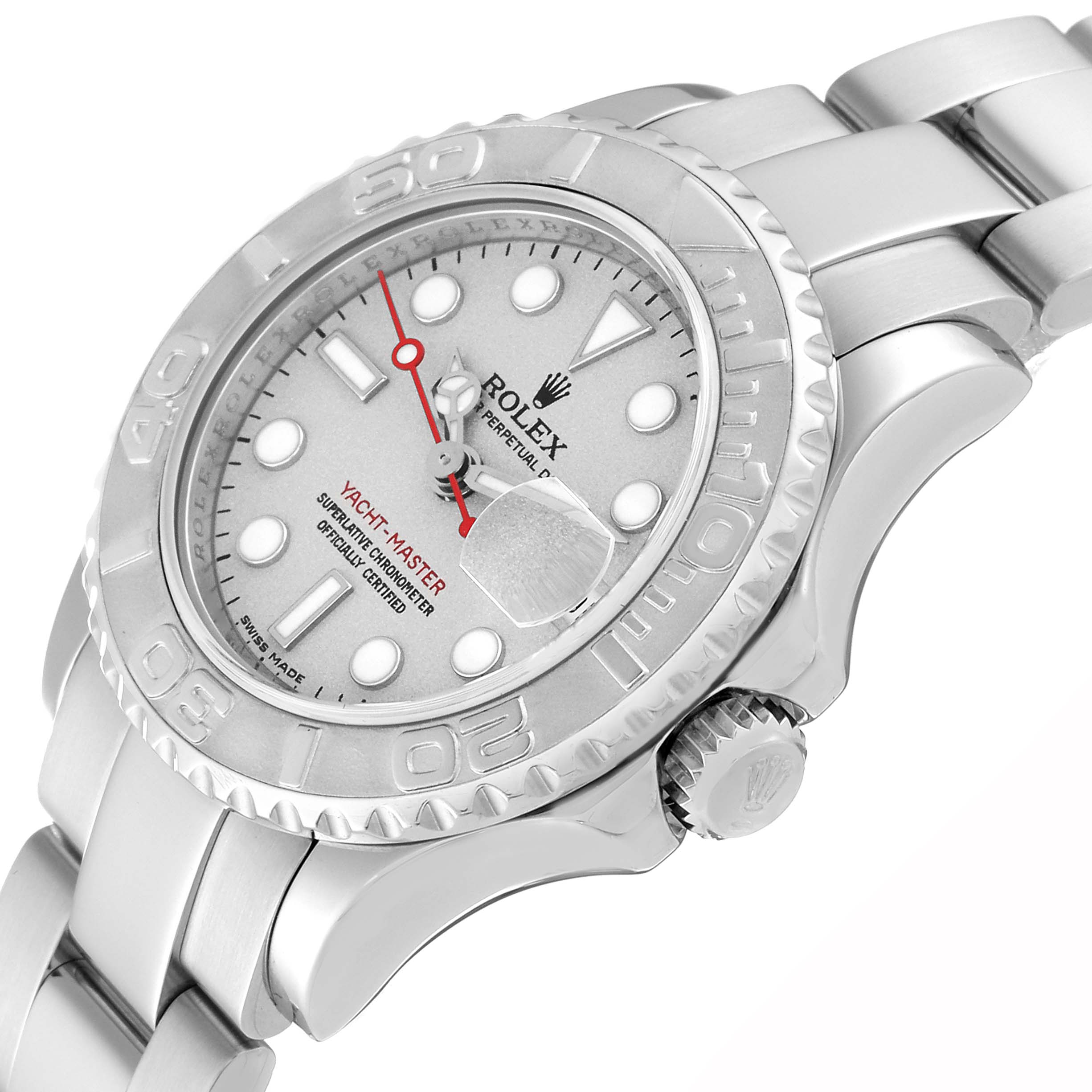 The Rolex Yacht-Master 169622 Women's Stainless Steel Silver Dial 169622 Women's Stainless Steel Silver Dial watch is shown at a three-quarter angle, highlighting its face, bezel, and bracelet.