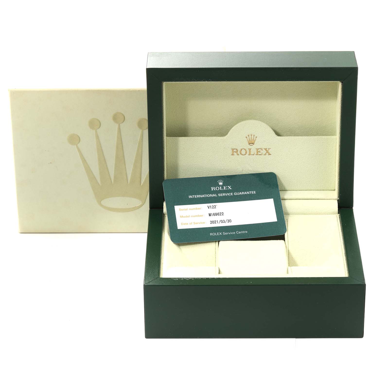 The image shows the Rolex Yacht-Master 169622 Women's Stainless Steel Silver Dial 169622 Women's Stainless Steel Silver Dial watch box with the warranty card placed inside.