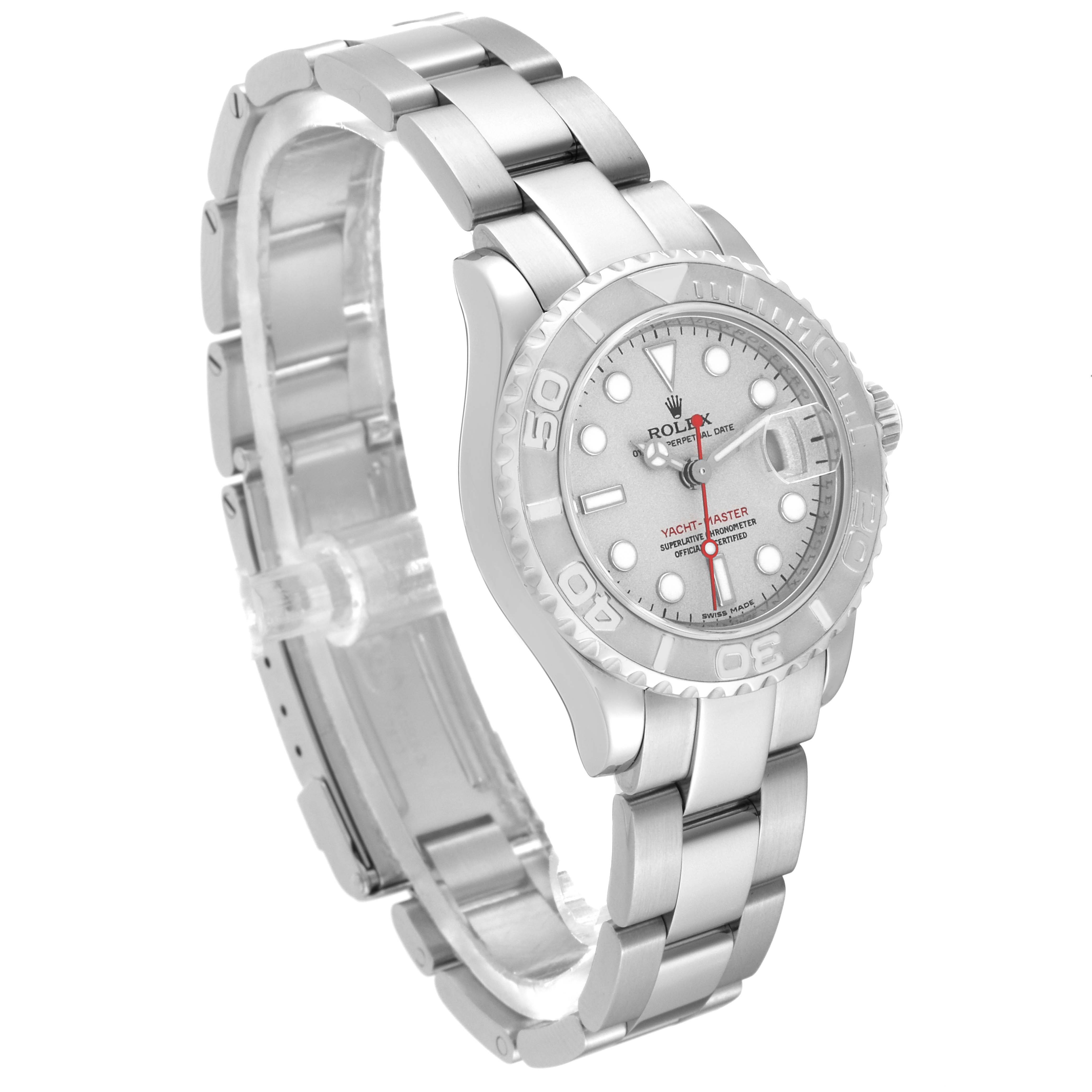 The image shows a Rolex Yacht-Master 169622 Women's Stainless Steel Silver Dial 169622 Women's Stainless Steel Silver Dial watch at a slight angle, highlighting the face, bezel, and metal bracelet.