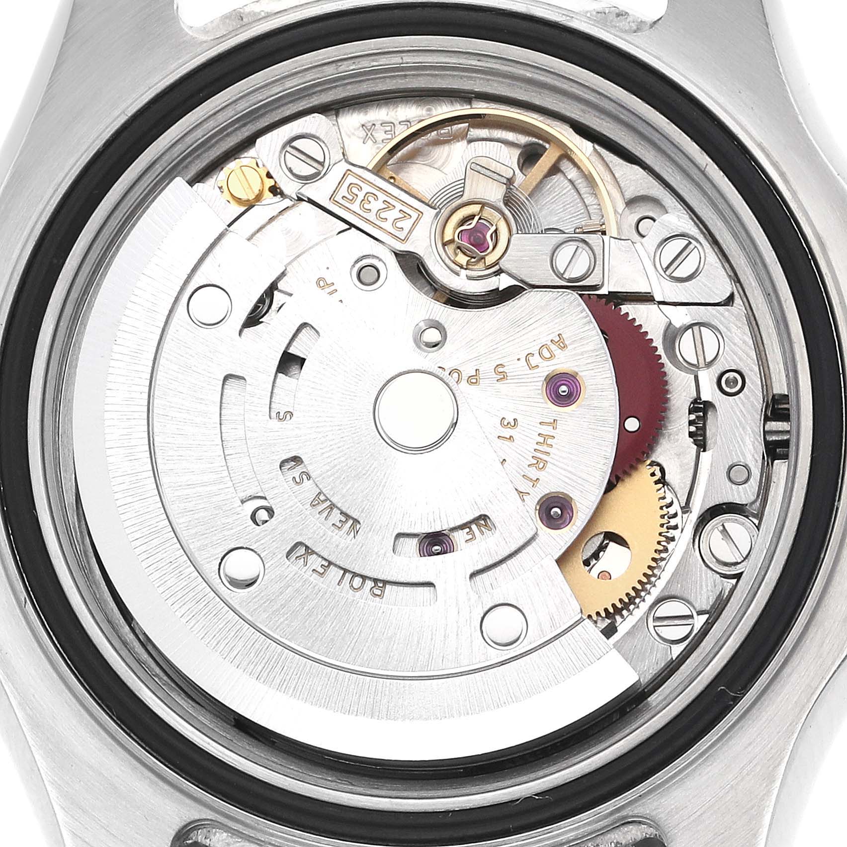 The image shows a close-up view of the movement mechanism of a Rolex Yacht-Master 169622 Women's Stainless Steel Silver Dial 169622 Women's Stainless Steel Silver Dial watch, focusing on gears and internal components.