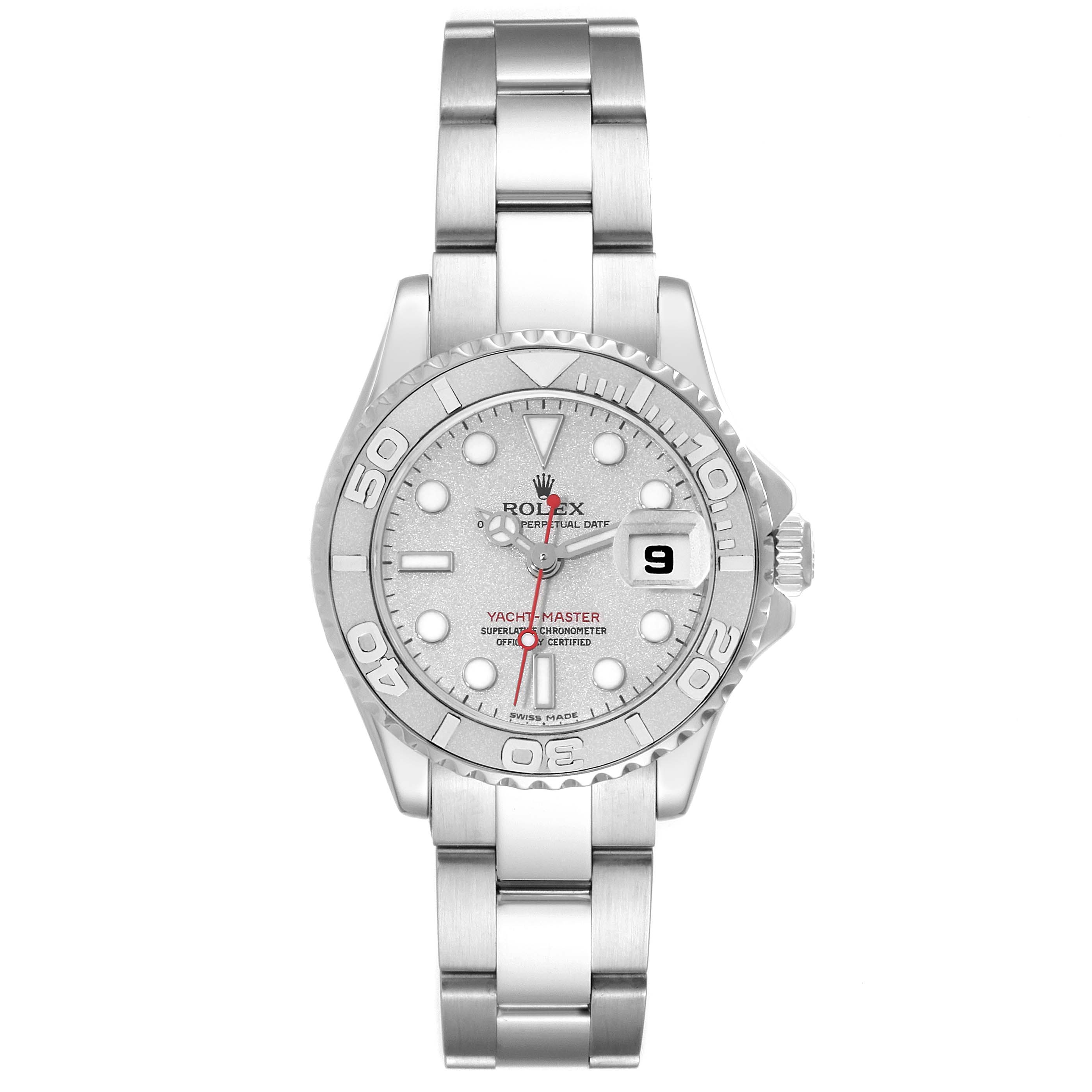 The Rolex Yacht-Master 169622 Women's Stainless Steel Silver Dial 169622 Women's Stainless Steel Silver Dial watch is shown from a top-down angle, displaying the face, bezel, and bracelet.