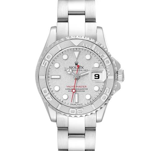This image shows a front view of a Rolex Yacht-Master 169622 Women's Stainless Steel Silver Dial 169622 Women's Stainless Steel Silver Dial watch displaying its dial, bezel, and bracelet.