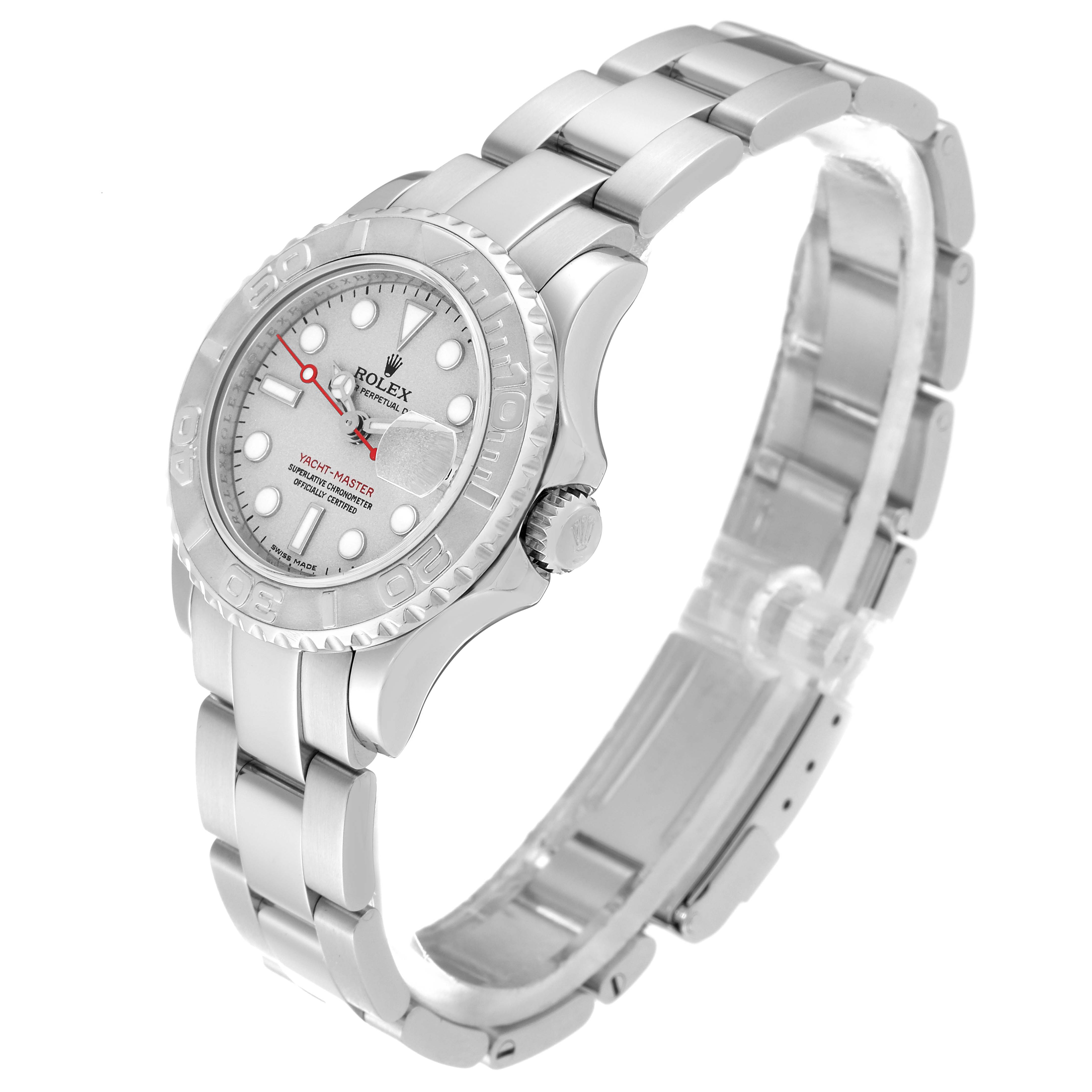 The Rolex Yacht-Master 169622 Women's Stainless Steel Silver Dial 169622 Women's Stainless Steel Silver Dial watch is shown at a slight angle, highlighting its dial, bezel, and metal bracelet.