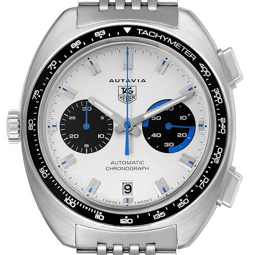 This image shows a front view of the Tag Heuer Autavia CY2110 Men's Stainless Steel White Dial CY2110 Men's Stainless Steel White Dial watch, displaying the dial, hands, sub-dials, tachymeter, and date window.