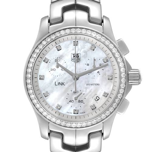 The image shows a Tag Heuer Link CJF1314 Women's Stainless Steel Mother of Pearl Dial CJF1314 Women's Stainless Steel Mother of Pearl Dial model watch from a front angle, displaying its dial, bezel, crown, and part of the bracelet.
