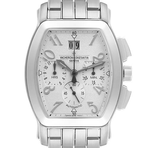 The Vacheron Constantin Royal Eagle 49145/339A-9058 Men's Stainless Steel Silver Dial 49145/339A-9058 Men's Stainless Steel Silver Dial watch is shown from the front, highlighting its dial, numerals, subdials, and bracelet.