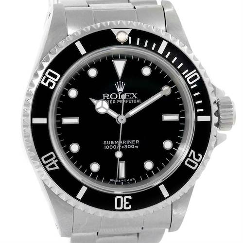 The image shows a front view of a Rolex Submariner 14060 Men's Stainless Steel Black Dial 14060 Men's Stainless Steel Black Dial watch, highlighting the dial, hands, bezel, and part of the bracelet.