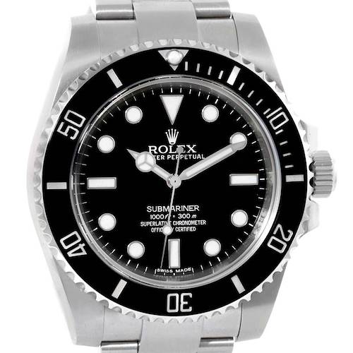 This image shows the front view of a Rolex Submariner 114060 Men's Stainless Steel Black Dial 114060 Men's Stainless Steel Black Dial watch, highlighting the dial, bezel, crown, and part of the bracelet.