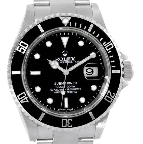 The image shows a front view of a Rolex Submariner 16610 Men's Stainless Steel Black Dial 16610 Men's Stainless Steel Black Dial watch, highlighting the dial, bezel, and part of the bracelet.