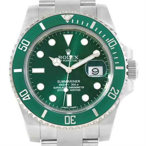 This image shows a front view of the Rolex Submariner 116610LV Men's Stainless Steel Green Dial 116610LV Men's Stainless Steel Green Dial, displaying its green dial, bezel, and stainless steel bracelet.