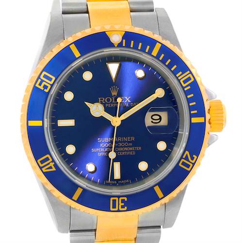 This is a front view of a Rolex Submariner 16613 Men's Steel and Gold (two tone) Blue Dial 16613 Men's Steel and Gold (two tone) Blue Dial watch, showing the dial, bezel, crown, and part of the bracelet.