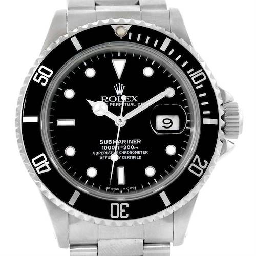 This image shows a front angle of the Rolex Submariner 168000 Men's Stainless Steel Black Dial 168000 Men's Stainless Steel Black Dial watch, displaying its black dial, rotating bezel, and stainless steel bracelet.