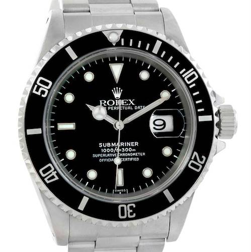 The image shows a front view of the Rolex Submariner 16610 Men's Stainless Steel Black Dial 16610 Men's Stainless Steel Black Dial watch, displaying its bezel, dial, hands, and date window.