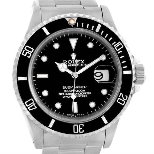 The image shows a front view of the Rolex Submariner 16610 Men's Stainless Steel Black Dial 16610 Men's Stainless Steel Black Dial watch, highlighting its dial, bezel, and bracelet.