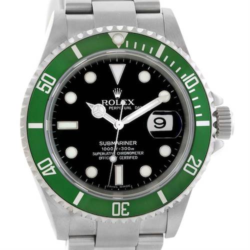 The image shows a front view of a Rolex Submariner 16610LV Men's Stainless Steel Black Dial 16610LV Men's Stainless Steel Black Dial watch with a green bezel and a black dial.