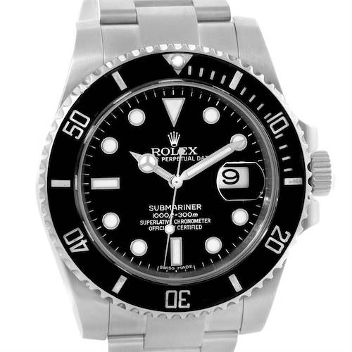 This image shows a front view of a Rolex Submariner 116610 Men's Stainless Steel Black Dial 116610 Men's Stainless Steel Black Dial watch, featuring its dial, bezel, hands, and bracelet.
