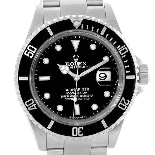 The image shows a front view of the Rolex Submariner 16610 Men's Stainless Steel Black Dial 16610 Men's Stainless Steel Black Dial watch, including its dial, bezel, and part of its stainless steel bracelet.