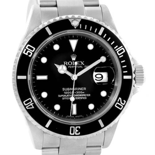 The image shows a front view of the Rolex Submariner 16610 Men's Stainless Steel Black Dial 16610 Men's Stainless Steel Black Dial watch, displaying its dial, bezel, and bracelet.