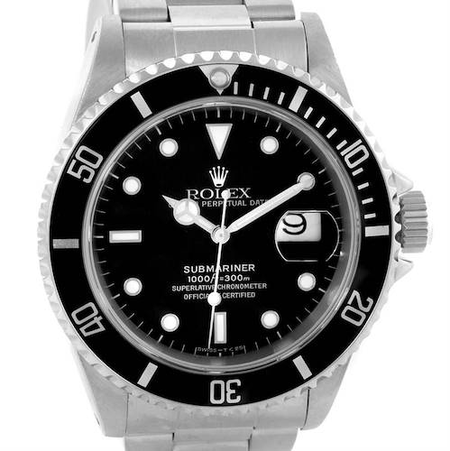 This is a front view of a Rolex Submariner 16610 Men's Stainless Steel Black Dial 16610 Men's Stainless Steel Black Dial watch showing the dial, bezel, crown, and part of the bracelet.