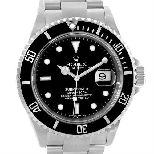 This image shows a frontal view of a Rolex Submariner 16610 Men's Stainless Steel Black Dial 16610 Men's Stainless Steel Black Dial watch, highlighting its dial, bezel, and bracelet.