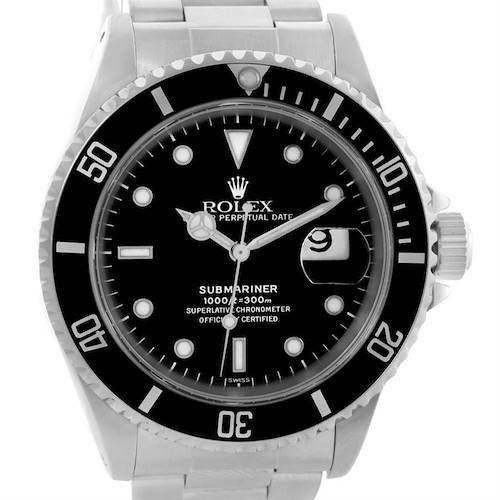 This image shows a front view of a Rolex Submariner 16610 Men's Stainless Steel Black Dial 16610 Men's Stainless Steel Black Dial watch, highlighting its black bezel, dial, and date magnifier.