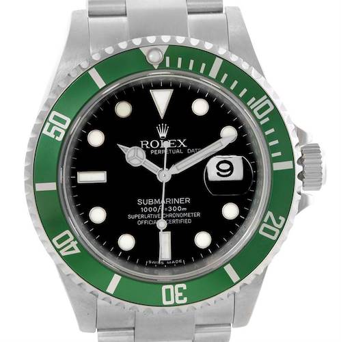 The image shows a front view of a Rolex Submariner 16610LV Men's Stainless Steel Black Dial 16610LV Men's Stainless Steel Black Dial watch, featuring its green bezel, black dial, and metal bracelet.