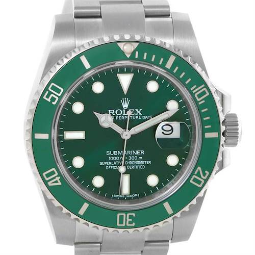 The image shows a frontal view of a Rolex Submariner 116610LV Men's Stainless Steel Green Dial 116610LV Men's Stainless Steel Green Dial watch, highlighting the dial, bezel, crown, and part of the bracelet.