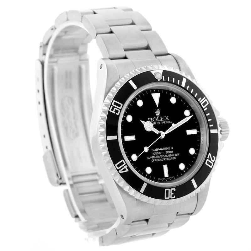 The Rolex Submariner 14060 Men's Stainless Steel Black Dial 14060 Men's Stainless Steel Black Dial watch is shown at an angle displaying the face, bezel, and part of the bracelet.