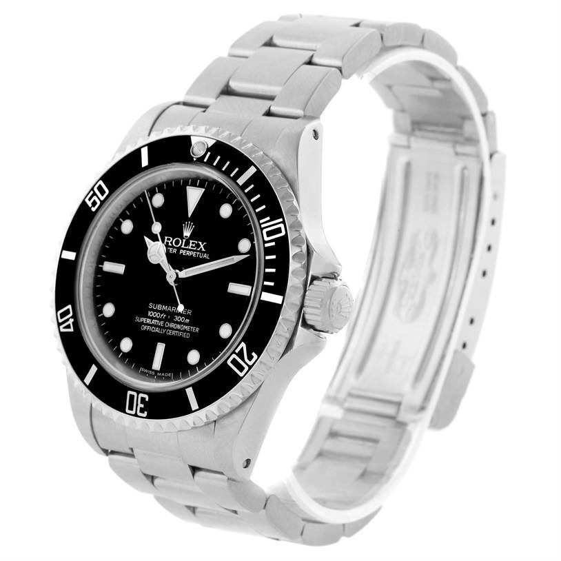 The image shows a Rolex Submariner 14060 Men's Stainless Steel Black Dial 14060 Men's Stainless Steel Black Dial watch at a three-quarter angle, detailing the watch face, bezel, crown, and bracelet.