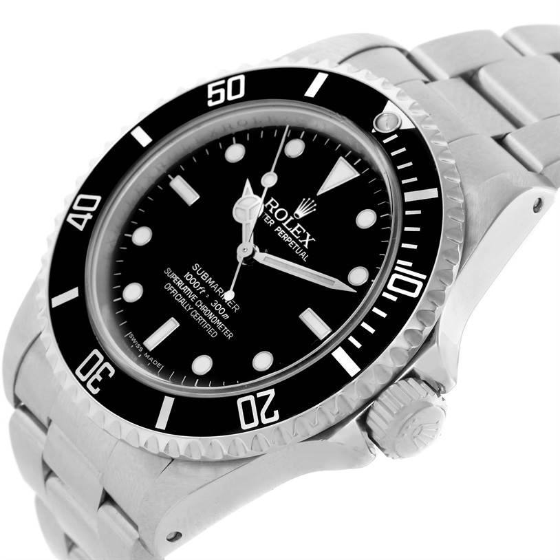 The image shows a side and front angle of a Rolex Submariner 14060 Men's Stainless Steel Black Dial 14060 Men's Stainless Steel Black Dial watch, highlighting its bezel, dial, and bracelet.