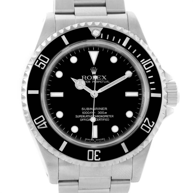 The image shows a front view of a Rolex Submariner 14060 Men's Stainless Steel Black Dial 14060 Men's Stainless Steel Black Dial watch, displaying its black dial, bezel, and bracelet.