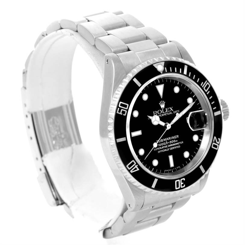 This image shows a Rolex Submariner 16610 Men's Stainless Steel Black Dial 16610 Men's Stainless Steel Black Dial watch at an angle highlighting the face, bezel, and bracelet.