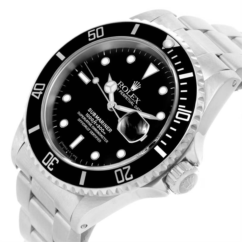 The image shows a Rolex Submariner 16610 Men's Stainless Steel Black Dial 16610 Men's Stainless Steel Black Dial watch at an angled close-up, highlighting the dial, bezel, and part of the bracelet.