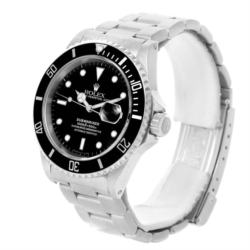 The Rolex Submariner 16610 Men's Stainless Steel Black Dial 16610 Men's Stainless Steel Black Dial watch is shown at a three-quarter angle, highlighting the dial, bezel, case, and bracelet.