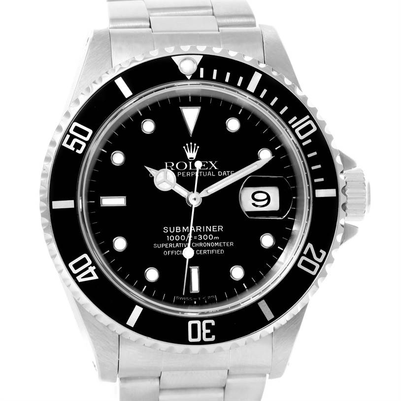 This image shows a front view of a Rolex Submariner 16610 Men's Stainless Steel Black Dial 16610 Men's Stainless Steel Black Dial watch displaying the dial, bezel, and part of the bracelet.