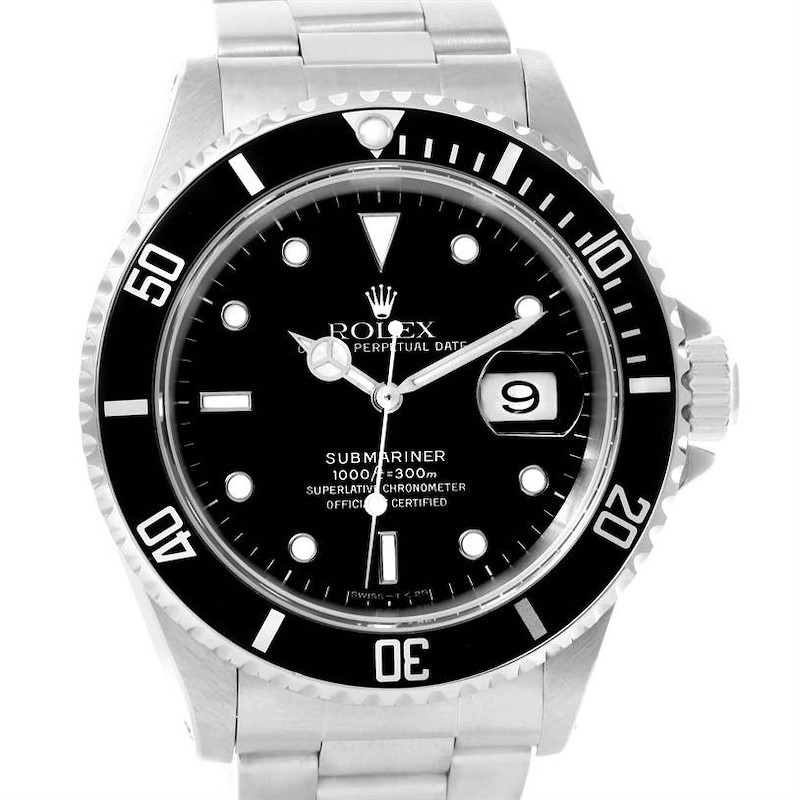 This image shows a front view of a Rolex Submariner 16610 Men's Stainless Steel Black Dial 16610 Men's Stainless Steel Black Dial watch displaying the dial, bezel, and part of the bracelet.