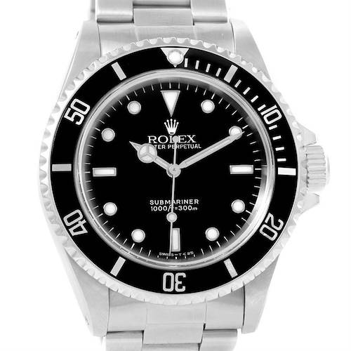 The image shows a front view of a Rolex Submariner 14060 Men's Stainless Steel Black Dial 14060 Men's Stainless Steel Black Dial watch, featuring its dial, bezel, and part of the stainless steel bracelet.