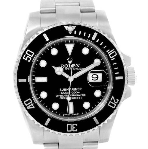 The image shows a Rolex Submariner 116610 Men's Stainless Steel Black Dial 116610 Men's Stainless Steel Black Dial watch with a frontal view, highlighting the dial, bezel, and bracelet.